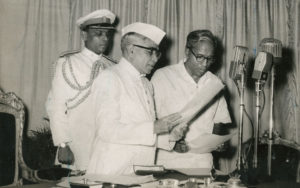 Mr. E.M. Sankaran Namboodiripad, Communist Chief Minister of Kerala, taking the oath of office before the Governor, Dr. B. Ramakrishna Rao, on April 05, 1957. Photo: The Hindu Archives